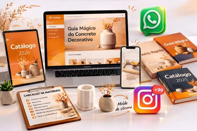 Kit completo do Guia do Concreto Decorativo com videoaulas, catálogo e bônus exclusivos