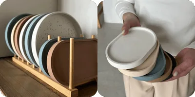 Peças de concreto decorativo feitas por alunas do curso - bandejas e suportes para joias